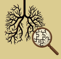 magnifying glass looking at a puzzle piece which in turn is part of a lung structure...graphic illustration