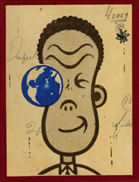 mapquest graphic illustration of boy-like figure with globe in his right eye