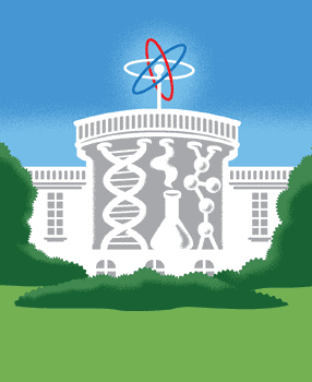 The White House (in an illustration, with red-white-and-blue nuclear particle orbits spinning about the tip of the flagpole)