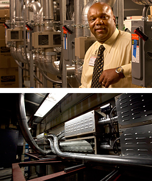 Stanford hospital's chief engineer, Leander Robinson. Transfer units that direct the tubes to the various stations.