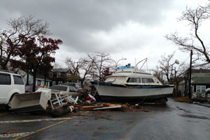 A grounded boat on Cross Bay Blvd. in Broad Channel, Queens